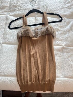 Fur Trim Cashmere Knit Tank. Removable fur